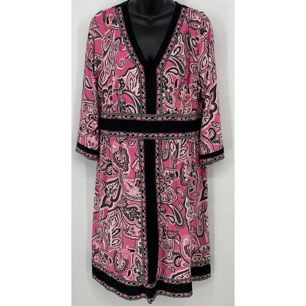 INC International Concepts Women Dress Plus 1X Pink Paisley 3/4 Sleeve V-Neck